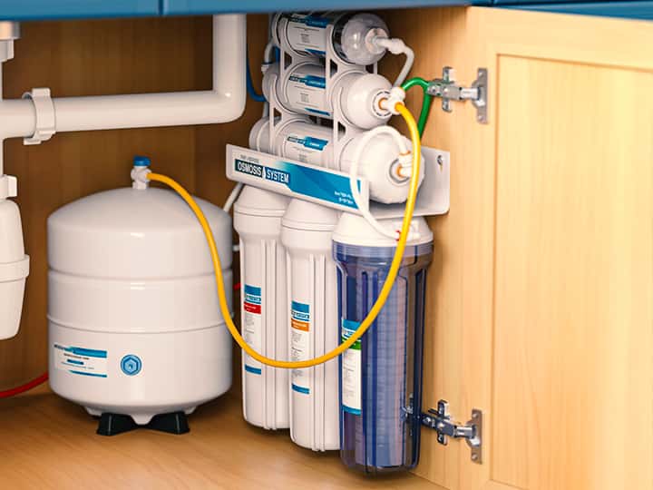 Reverse osmosis system installed under kitchen sink.